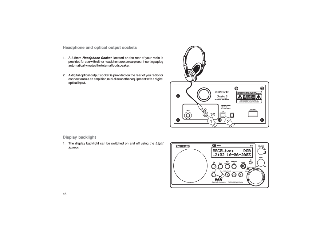 Roberts Radio RD-6 manual Headphone and optical output sockets, Display backlight 