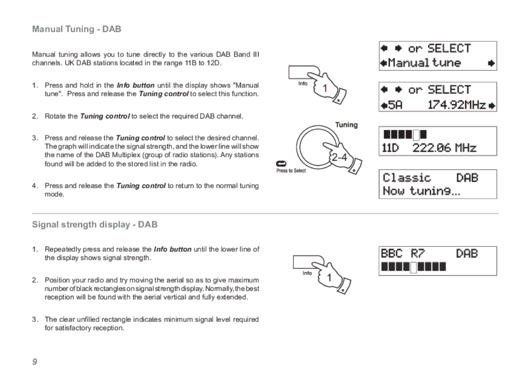 Roberts Radio RD-60 manual Manual Tuning DAB, Signal strength display DAB 