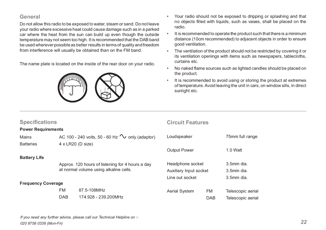 Roberts Radio RD-60 manual General, Speciﬁcations, Circuit Features 