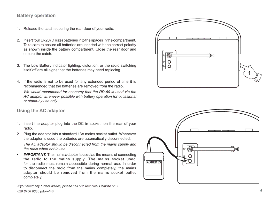 Roberts Radio RD-60 manual Battery operation, Using the AC adaptor 