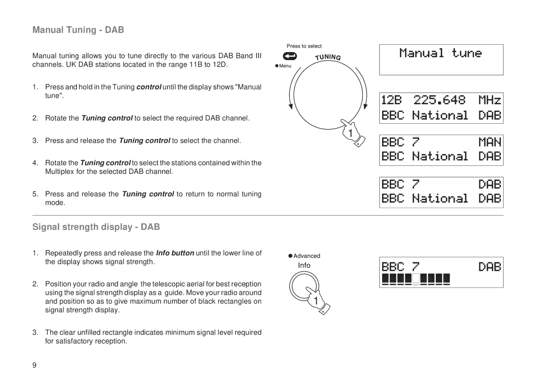 Roberts Radio RD-6R manual Manual Tuning DAB, Signal strength display DAB 