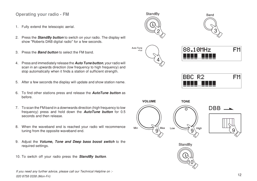 Roberts Radio RD-6R manual Operating your radio FM, To switch off your radio press the StandBy button 