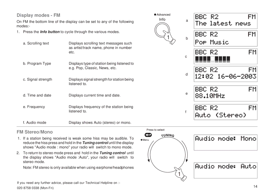 Roberts Radio RD-6R manual Display modes FM, FM Stereo/Mono 