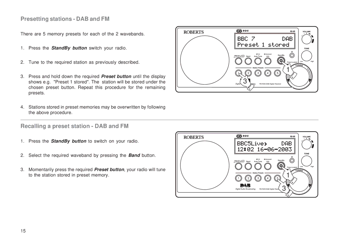 Roberts Radio RD-6R manual Presetting stations DAB and FM, Recalling a preset station DAB and FM 
