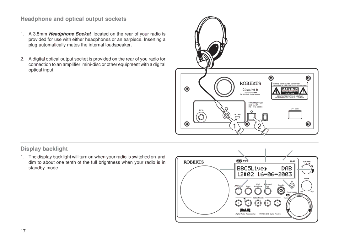Roberts Radio RD-6R manual Headphone and optical output sockets, Display backlight 