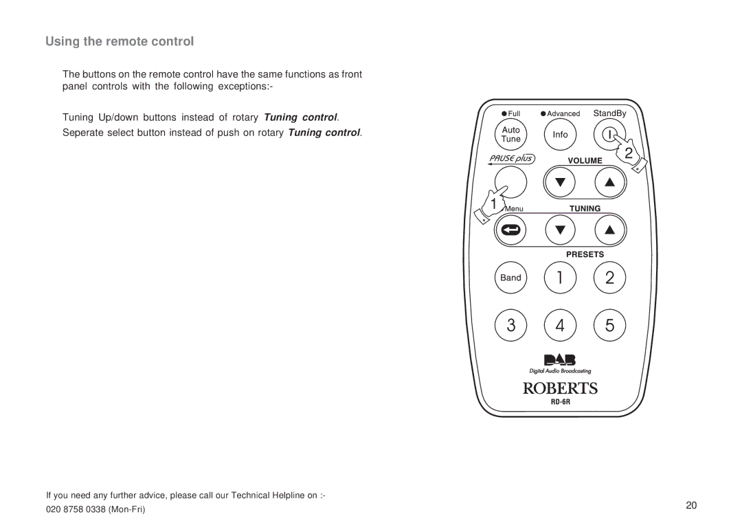 Roberts Radio RD-6R manual Using the remote control 