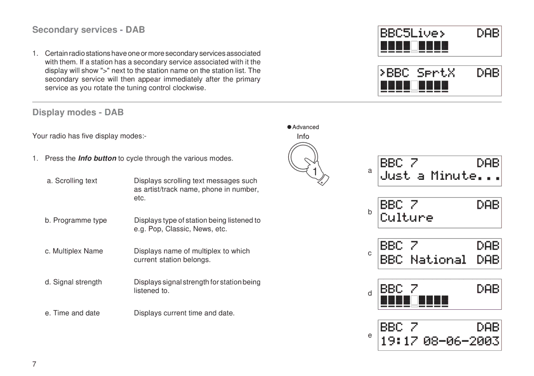 Roberts Radio RD-6R manual Secondary services DAB, Display modes DAB 