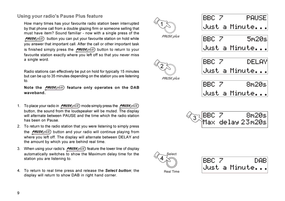 Roberts Radio RD-7 manual Using your radios Pause Plus feature 