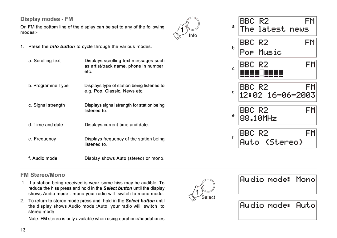 Roberts Radio RD-7 manual Display modes FM, FM Stereo/Mono 