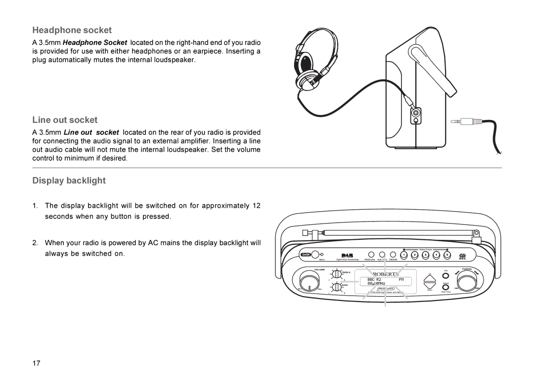 Roberts Radio RD-7 manual Headphone socket, Line out socket, Display backlight 