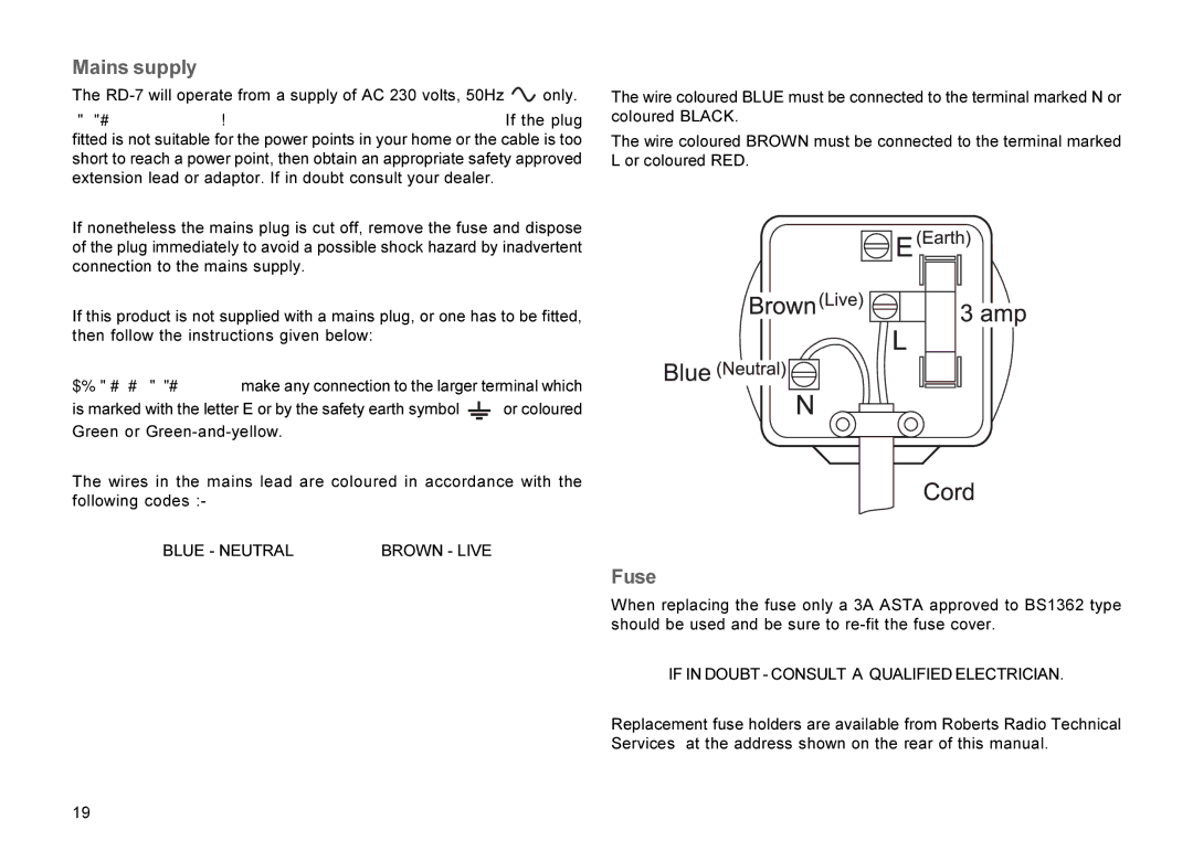 Roberts Radio RD-7 manual Mains supply, Fuse 