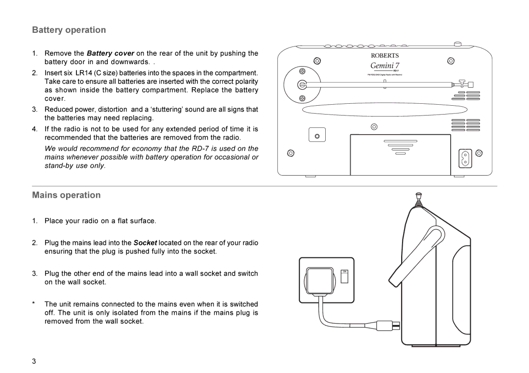 Roberts Radio RD-7 manual Battery operation, Mains operation 