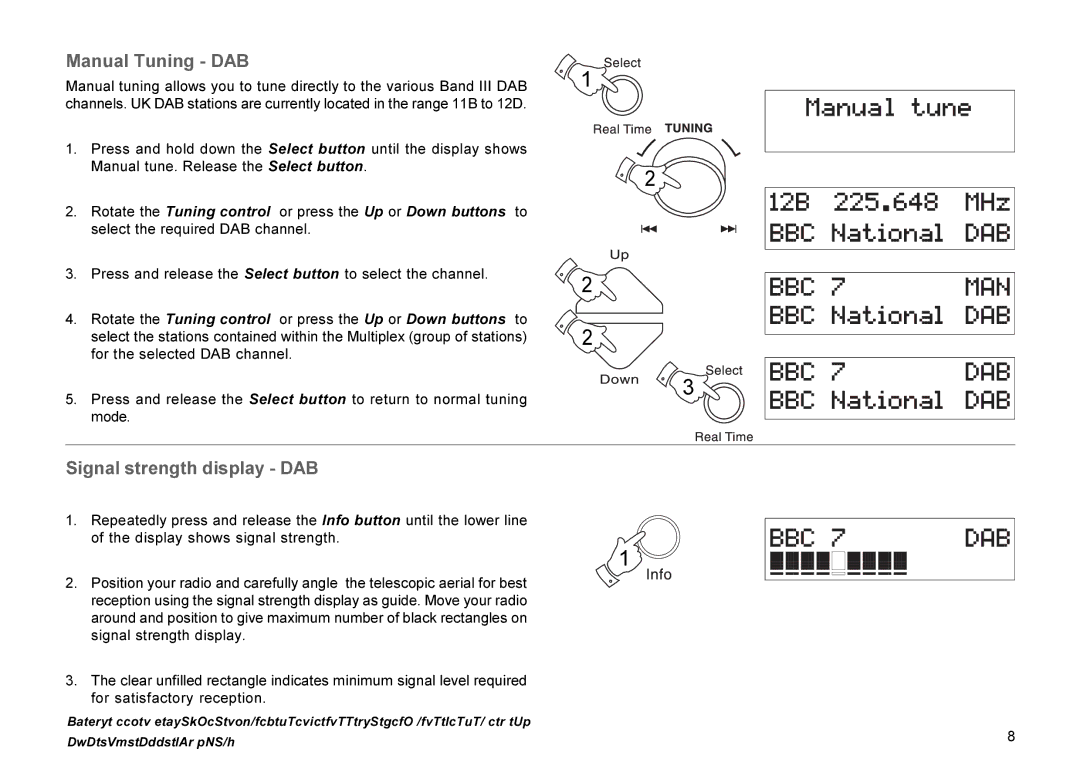 Roberts Radio RD-7 manual Manual Tuning DAB, Signal strength display DAB 