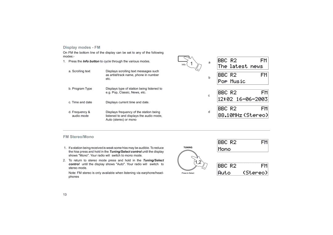 Roberts Radio RD-76 manual Display modes FM, FM Stereo/Mono 