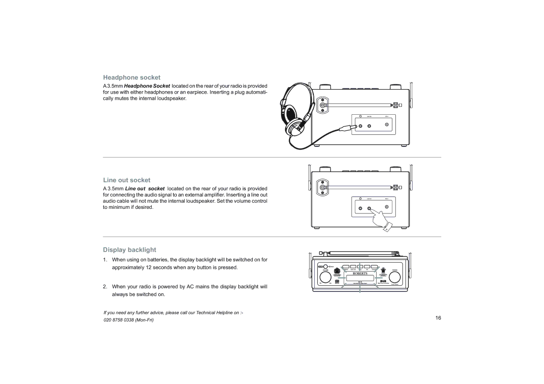 Roberts Radio RD-76 manual Headphone socket, Line out socket, Display backlight 