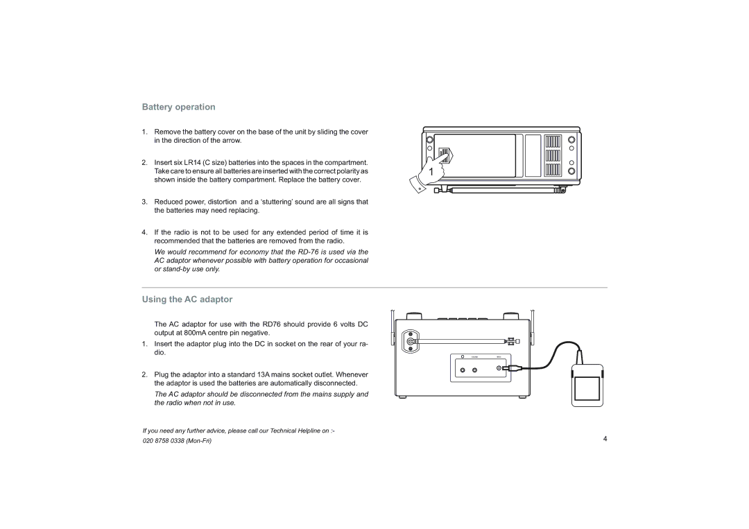 Roberts Radio RD-76 manual Battery operation, Using the AC adaptor 