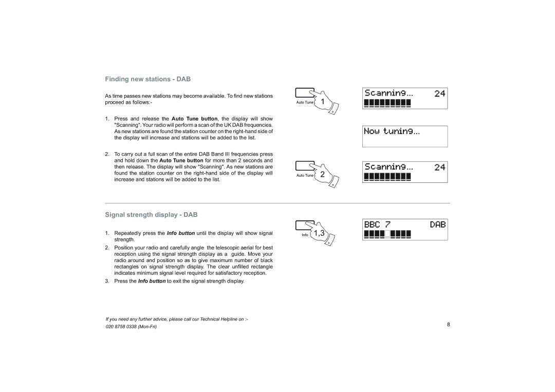 Roberts Radio RD-76 manual Finding new stations DAB, Signal strength display DAB 