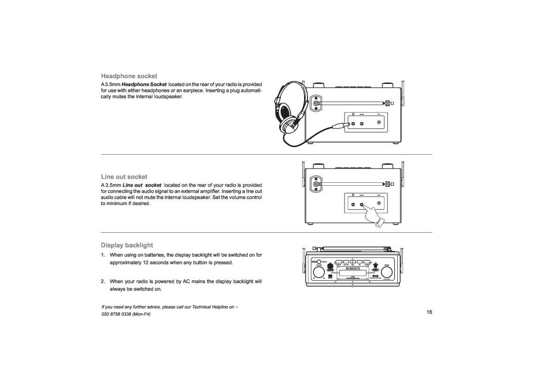 Roberts Radio RD-76 manual Headphone socket, Line out socket, Display backlight 