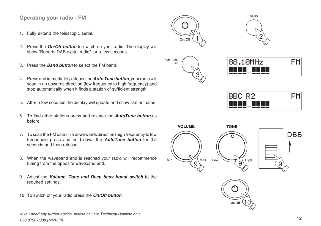 Roberts Radio RD-8 manual Operating your radio FM, To switch off your radio press the On/Off button 