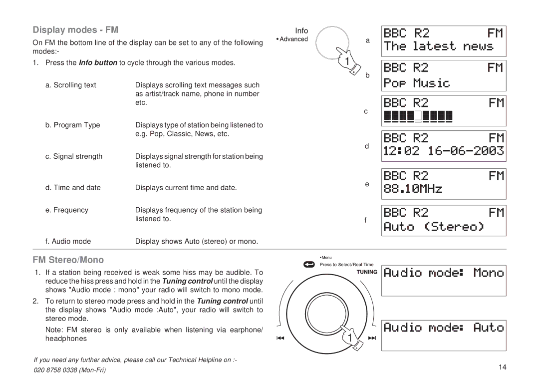 Roberts Radio RD-8 manual Display modes FM, FM Stereo/Mono 