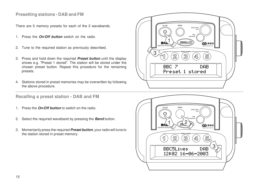 Roberts Radio RD-8 manual Presetting stations DAB and FM, Recalling a preset station DAB and FM 