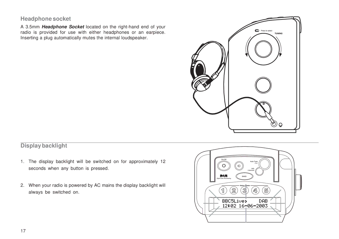 Roberts Radio RD-8 manual Headphone socket, Display backlight 