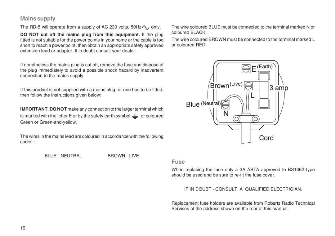 Roberts Radio RD-8 manual Mains supply, Fuse 