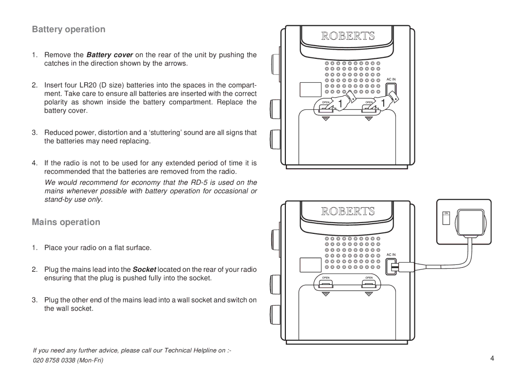 Roberts Radio RD-8 manual Battery operation, Mains operation 