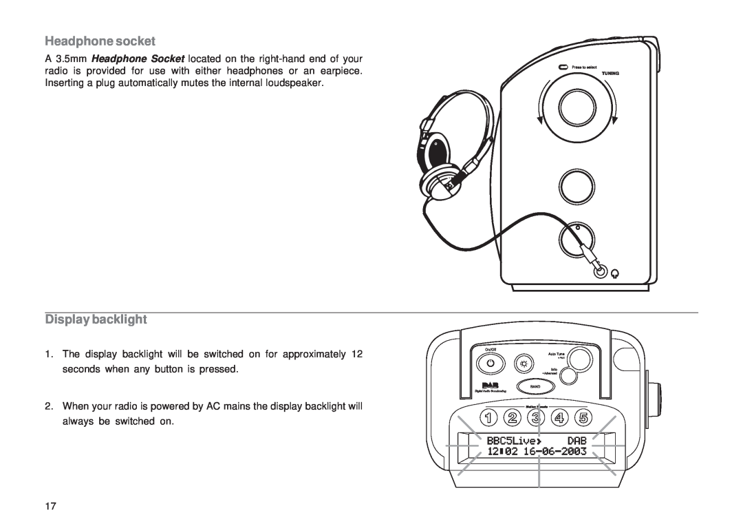 Roberts Radio RD-8 manual Headphone socket, Display backlight 