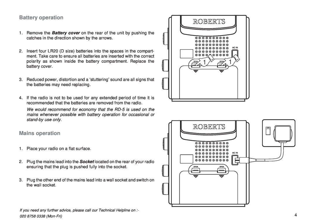 Roberts Radio RD-8 manual Battery operation, Mains operation 