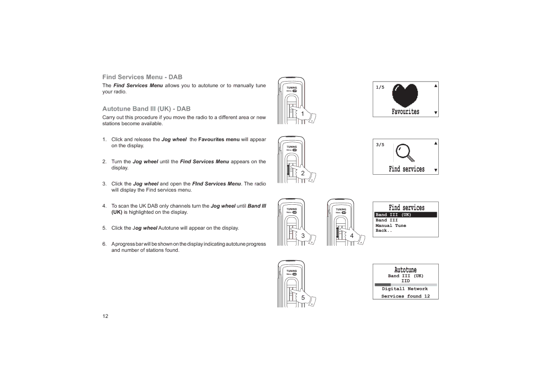 Roberts Radio RD14 manual Find Services Menu DAB, Autotune Band III UK DAB 