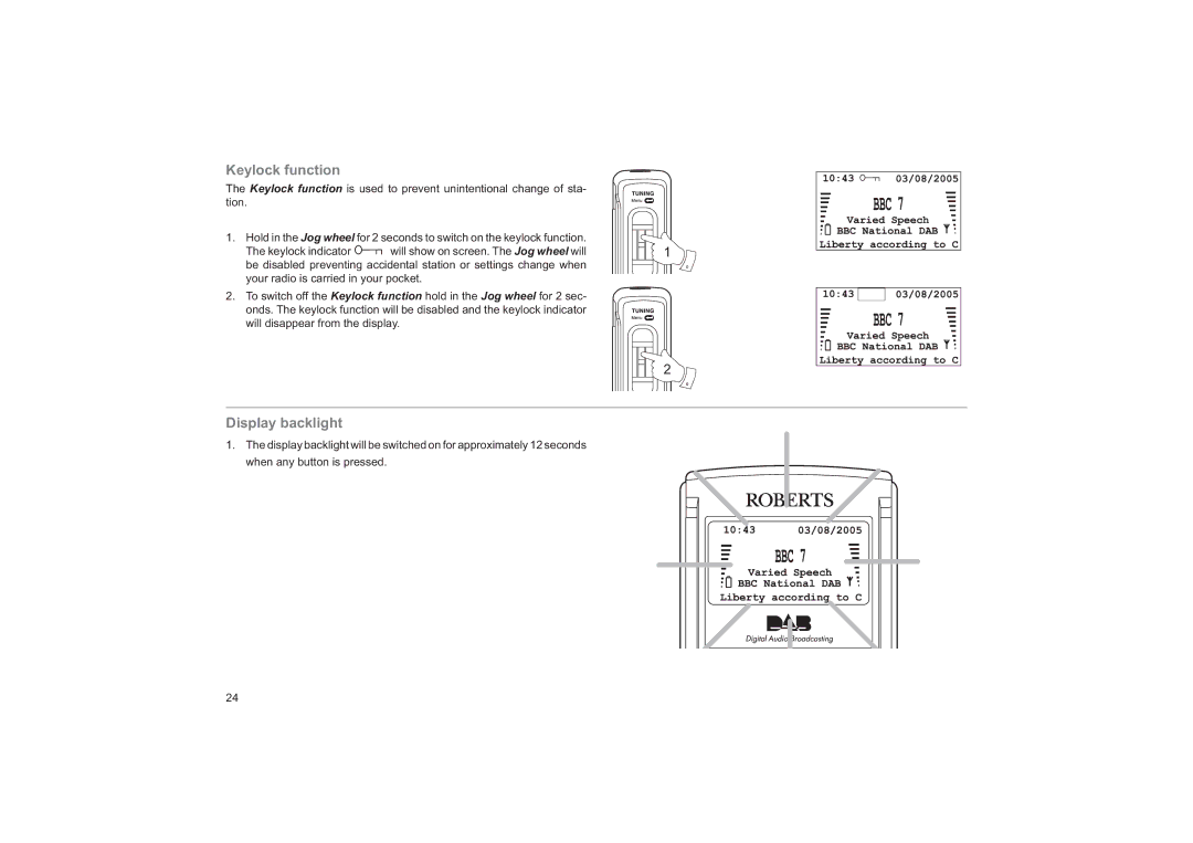 Roberts Radio RD14 manual Keylock function, Display backlight 