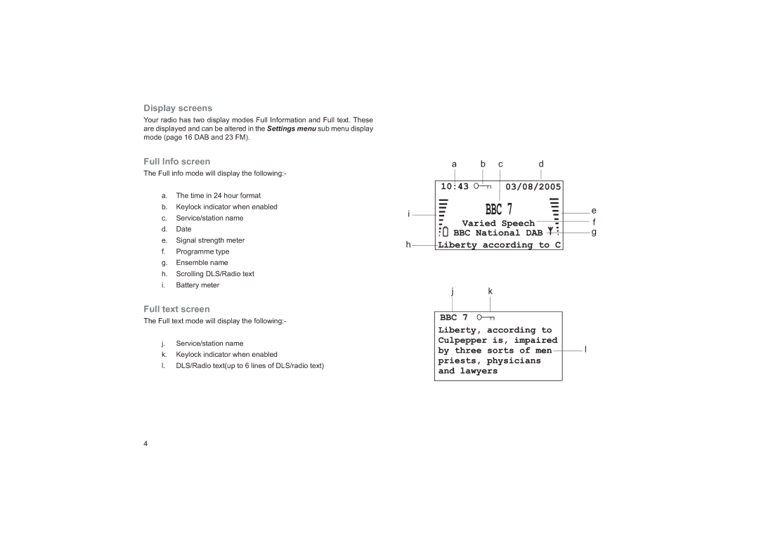 Roberts Radio RD14 manual Display screens, Full Info screen, Full text screen 