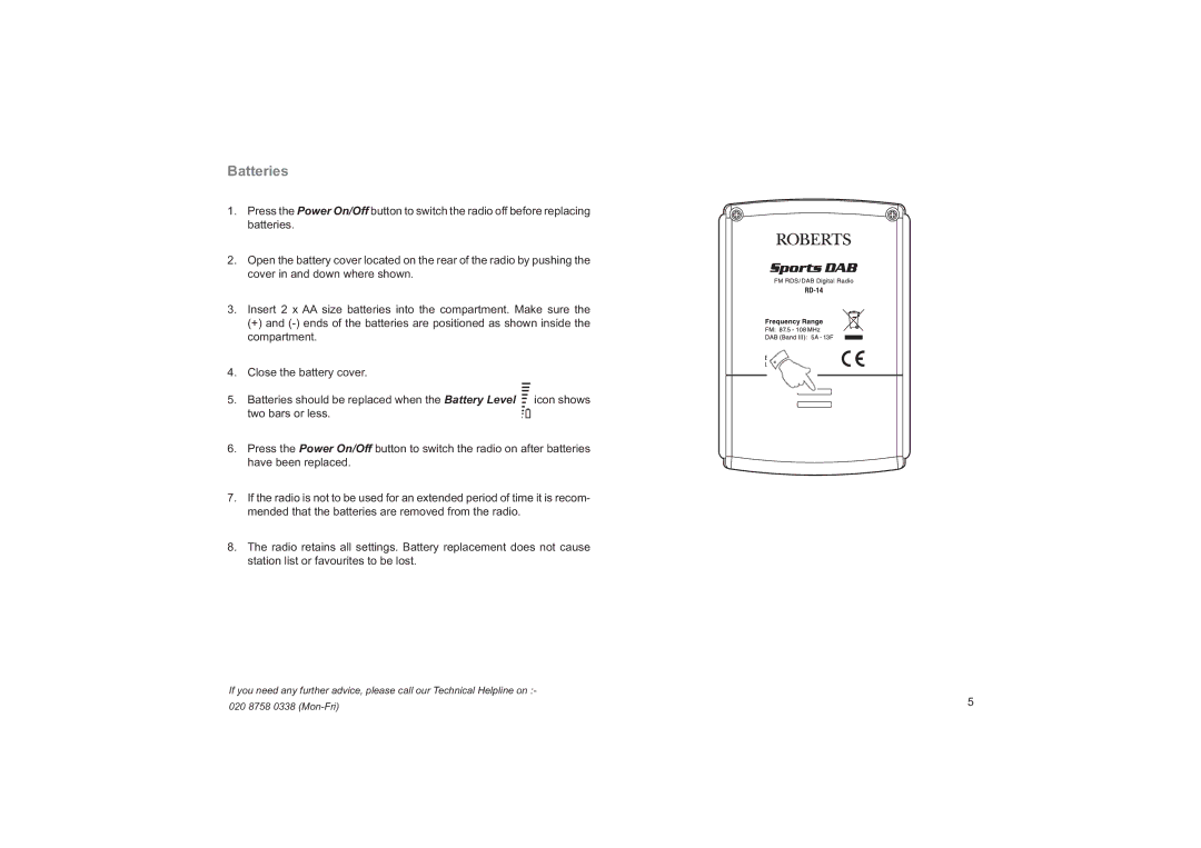 Roberts Radio RD14 manual Batteries 