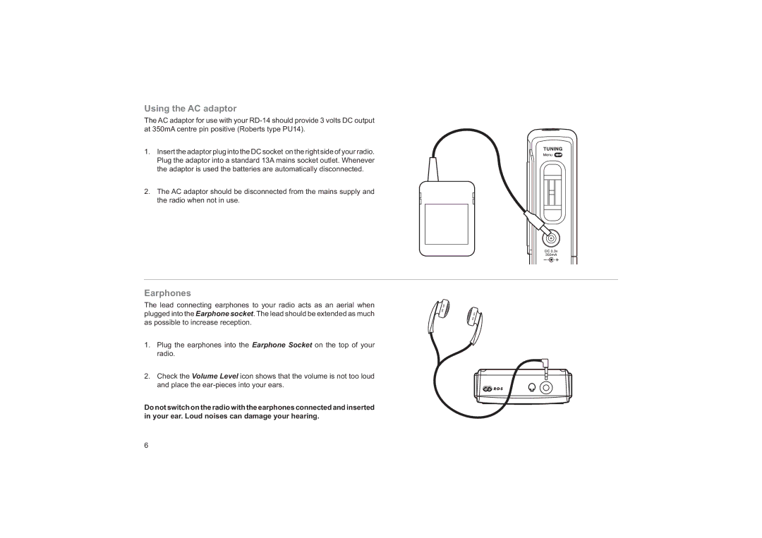 Roberts Radio RD14 manual Using the AC adaptor, Earphones 