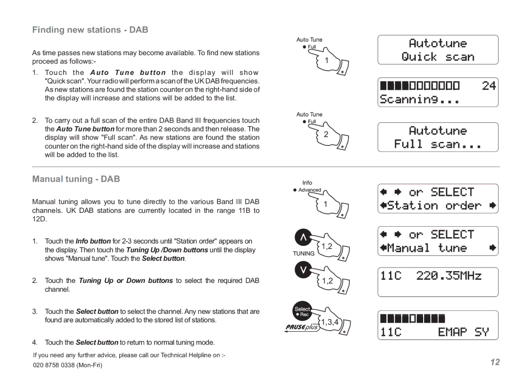 Roberts Radio RDK-2 manual Finding new stations DAB, Manual tuning DAB 