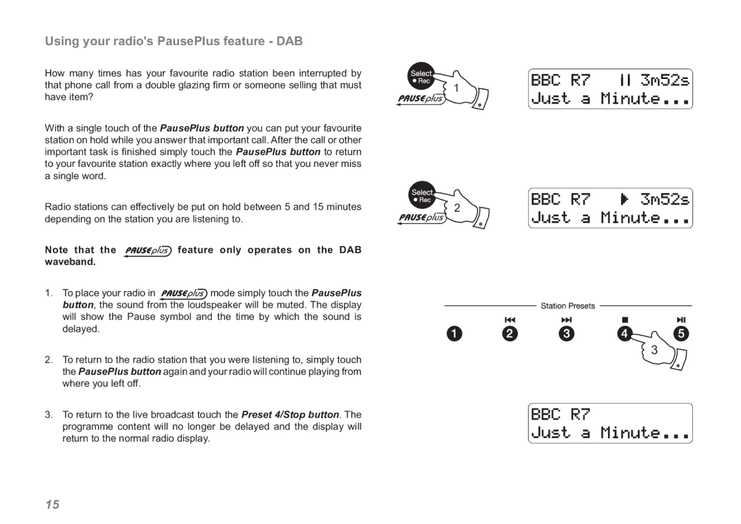 Roberts Radio RDK-2 manual Using your radios PausePlus feature DAB 