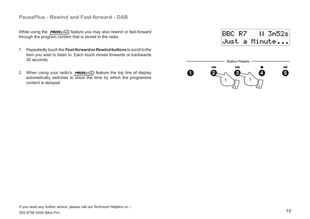 Roberts Radio RDK-2 manual PausePlus Rewind and Fast-forward DAB 