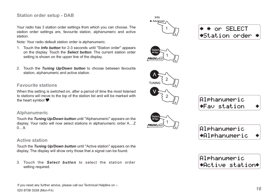 Roberts Radio RDK-2 manual Station order setup DAB, Favourite stations, Alphanumeric, Active station 