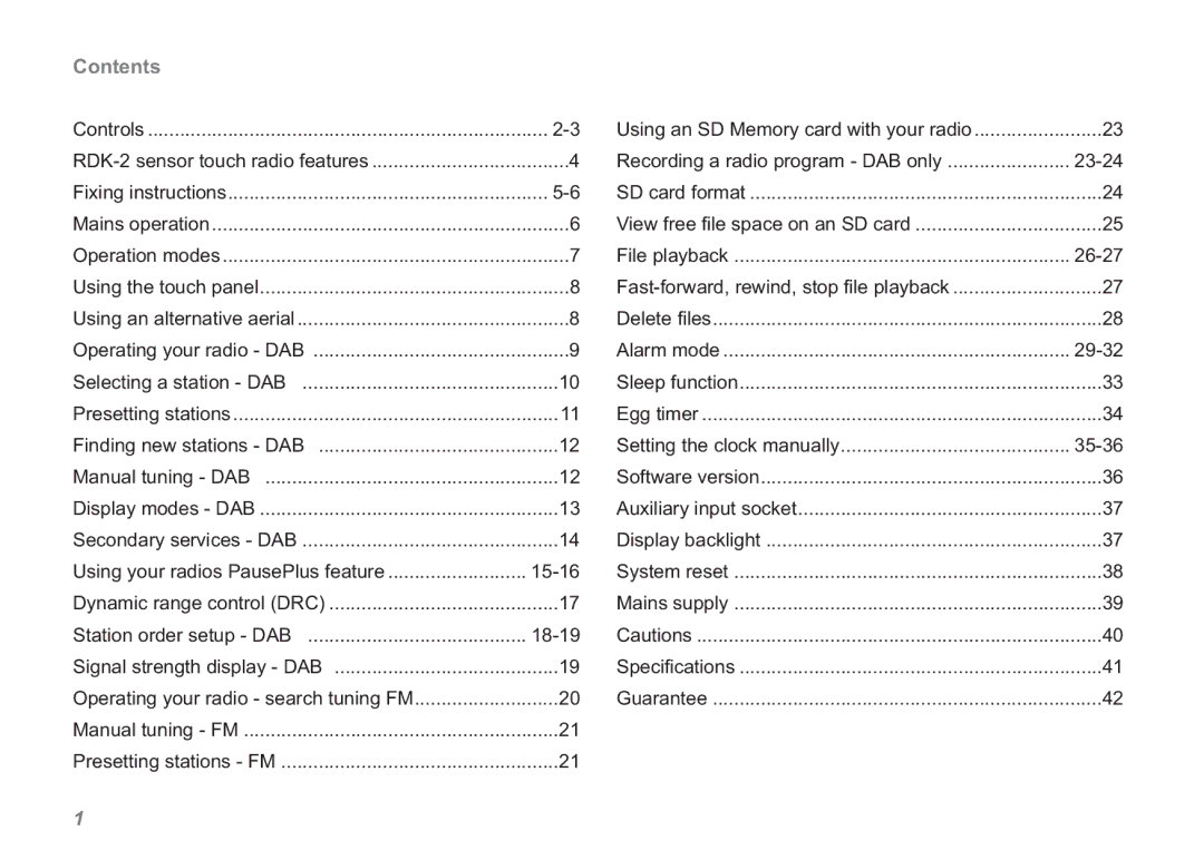 Roberts Radio RDK-2 manual Contents 