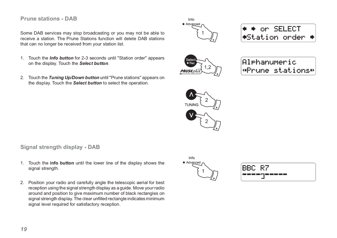 Roberts Radio RDK-2 manual Prune stations DAB, Signal strength display DAB 