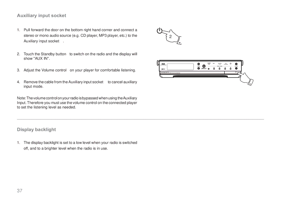 Roberts Radio RDK-2 manual Auxiliary input socket, Display backlight 