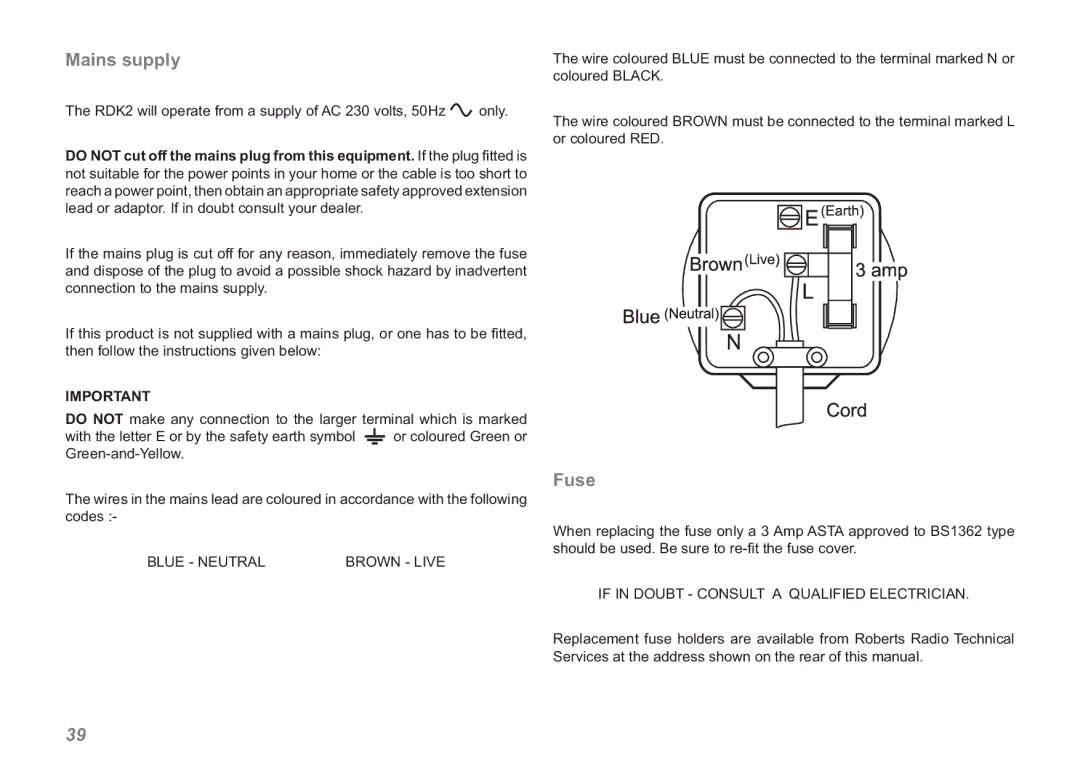 Roberts Radio RDK-2 manual Mains supply, Fuse 