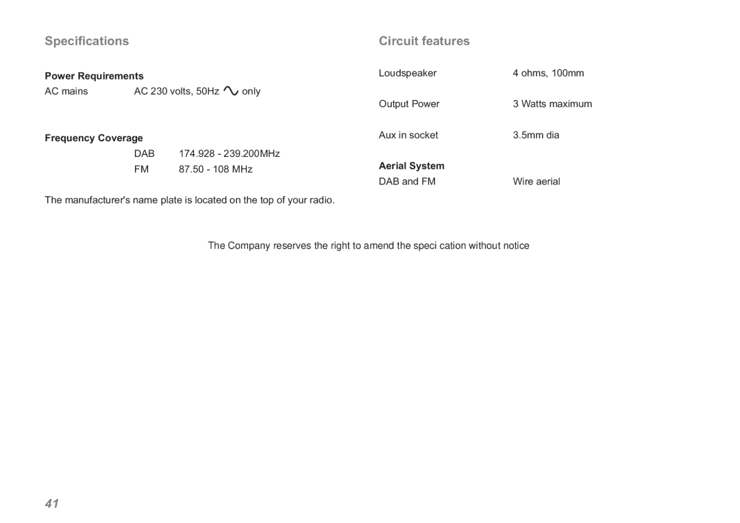 Roberts Radio RDK-2 manual Speciﬁcations, Circuit features 