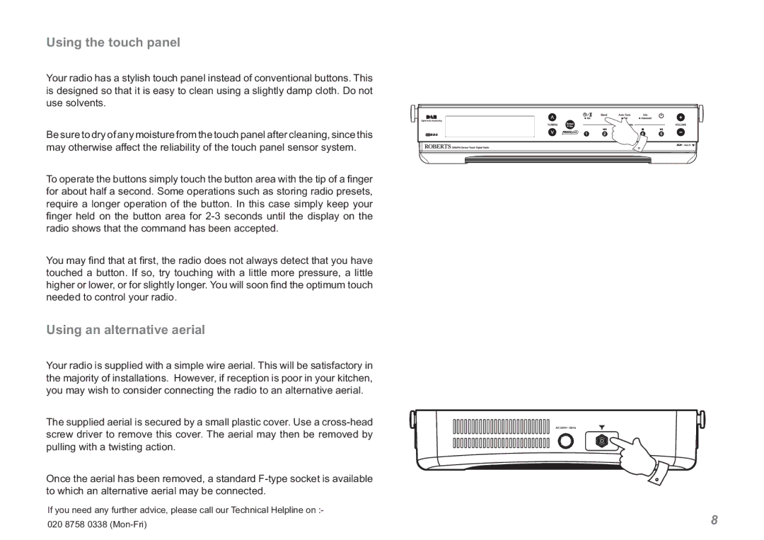 Roberts Radio RDK-2 manual Using the touch panel, Using an alternative aerial 