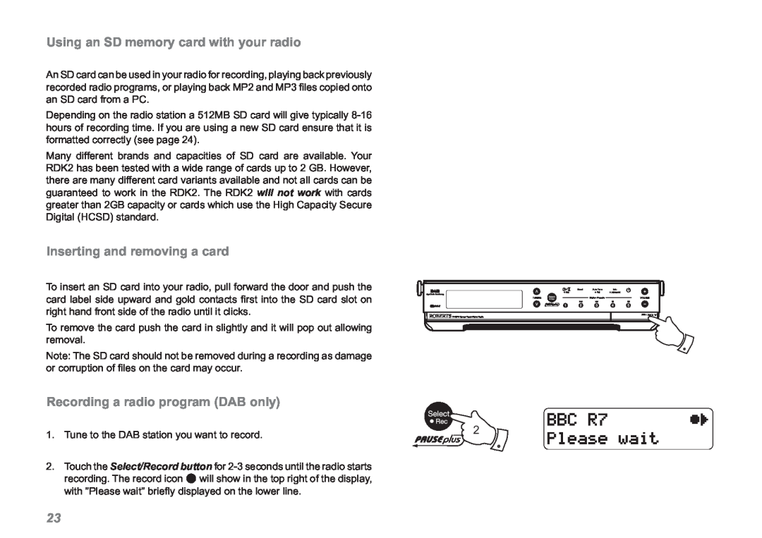 Roberts Radio RDK-2 manual Using an SD memory card with your radio, Inserting and removing a card 