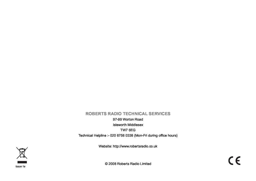 Roberts Radio RDK-2 Roberts Radio Technical Services, 97-99Worton Road Isleworth Middlesex TW7 6EG, Roberts Radio Limited 