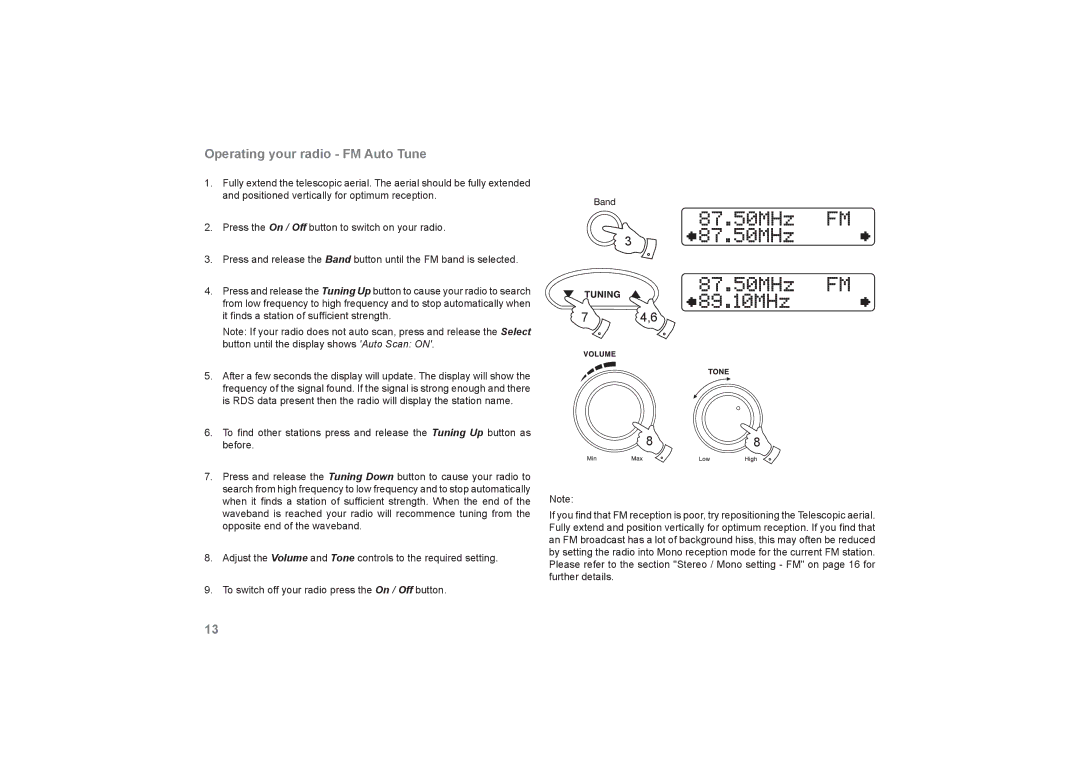 Roberts Radio RecordR manual Operating your radio FM Auto Tune 