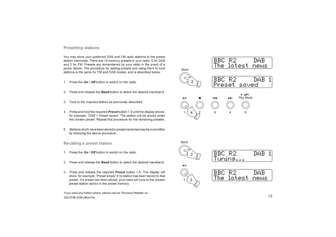 Roberts Radio RecordR manual Presetting stations, Recalling a preset station 