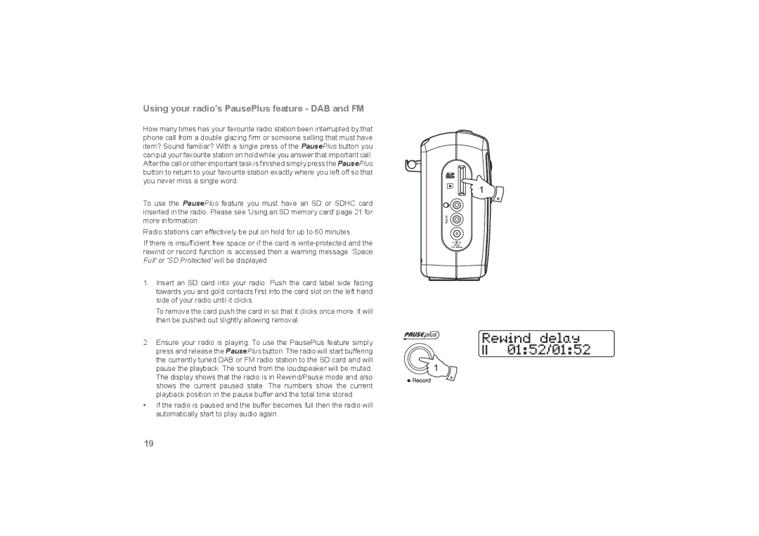 Roberts Radio RecordR manual Using your radios PausePlus feature DAB and FM 